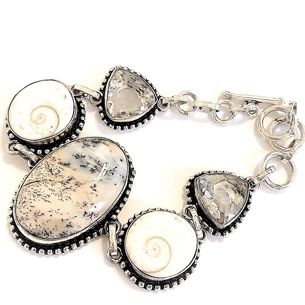 Dendrite Opal, Shiva Eye and White Topaz, 925 marked bracelet size 7—7 1/2—8